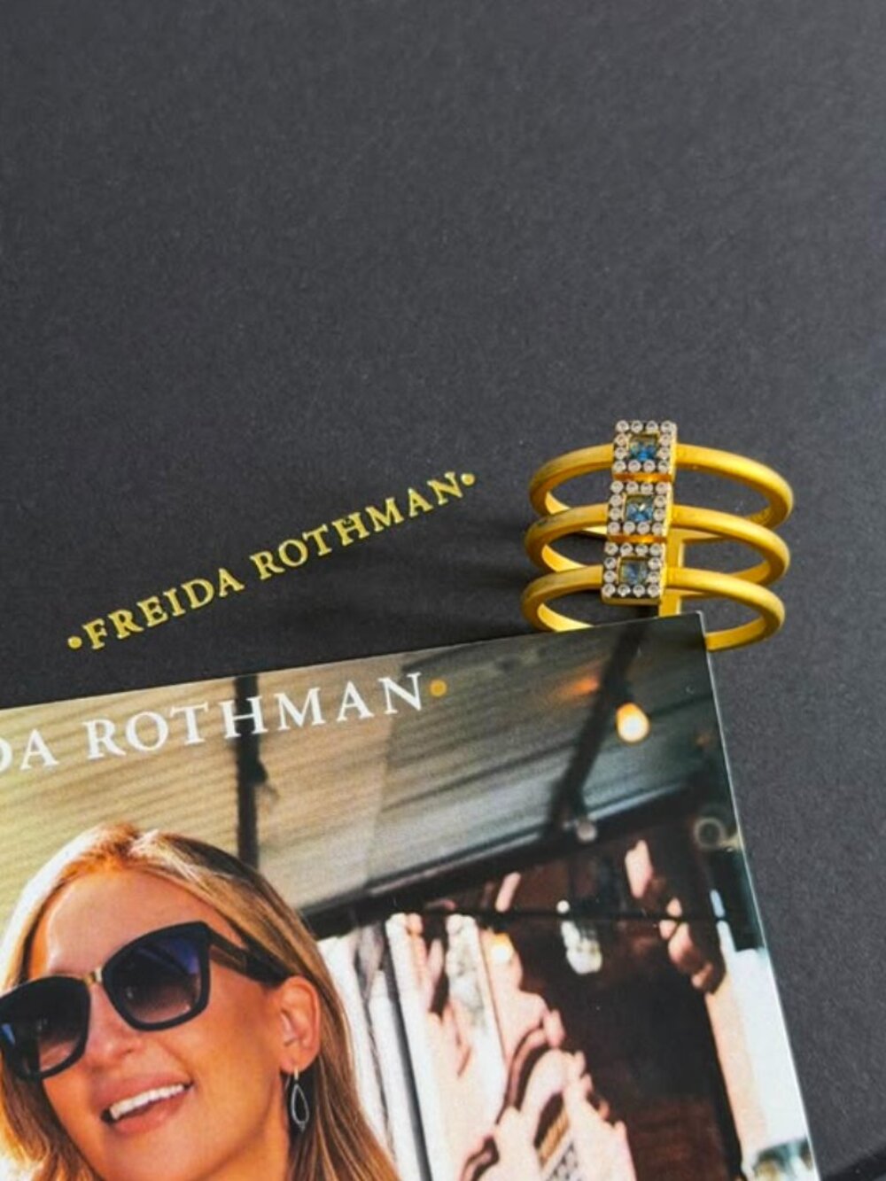 FREIDA ROTHMAN - Three-Stacked Rings with Light Blue Stones Matte Gold - Size 8